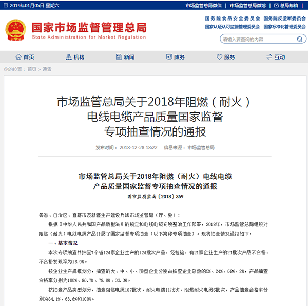 国家市场监管总局电线电缆专项抽查